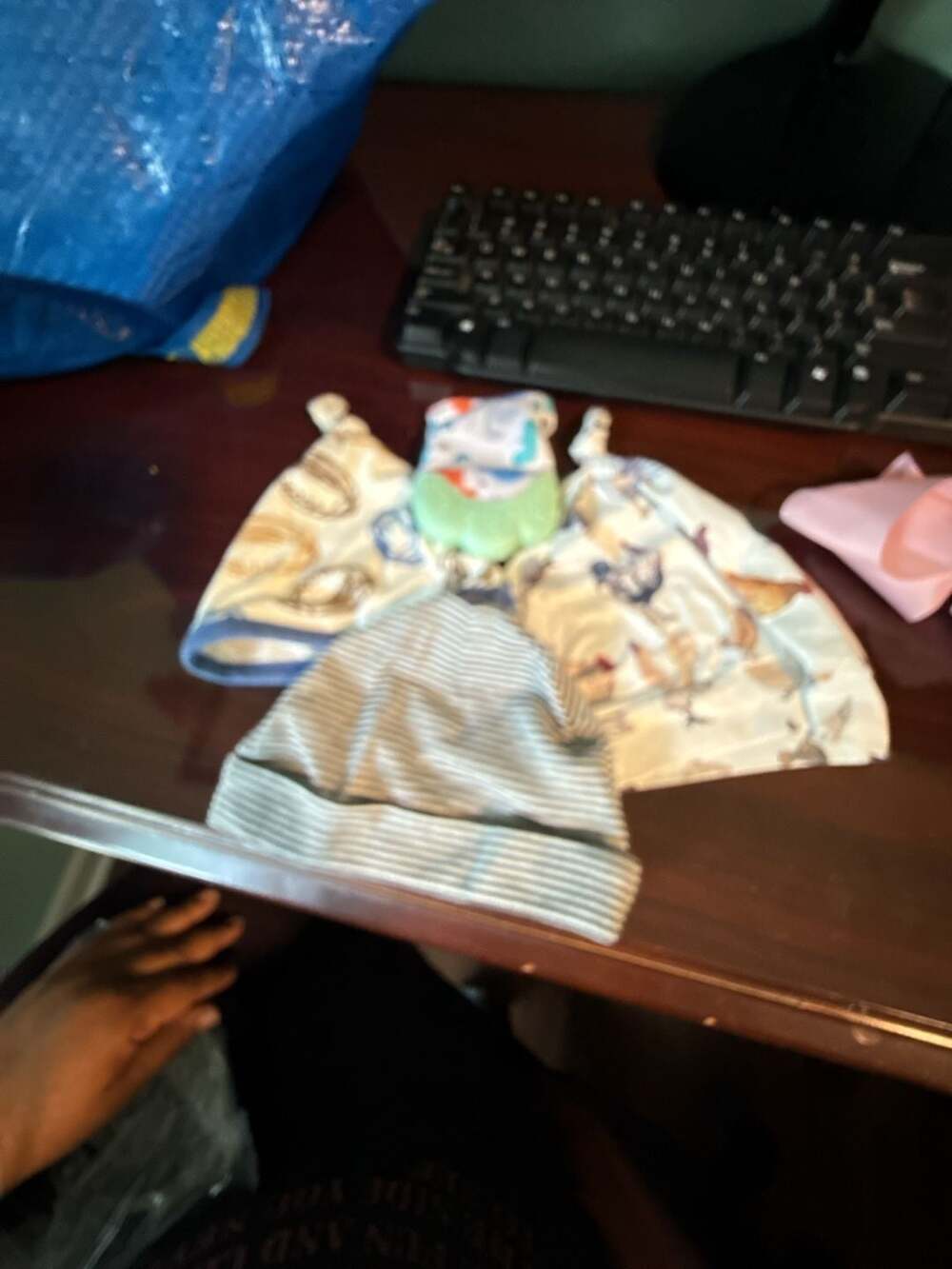 Lot of 3 Infant Baby Hats and Teether Toy